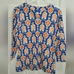 J Mclaughlin Blue, Orange & Cream Ikat Split-Neck Tunic Top